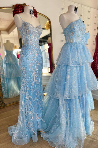 Robe de bal bleue à corset asymétrique et volants, coupe princesse, épaule dénudée
