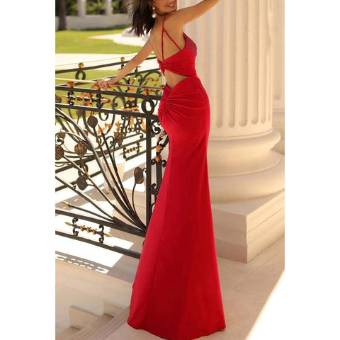 V-Neck Sleeveless Beaded Ruched Satin Sheath Long Prom Evening Dress