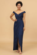 Robe de demoiselle d'honneur fourreau bleu marine à épaules dénudées