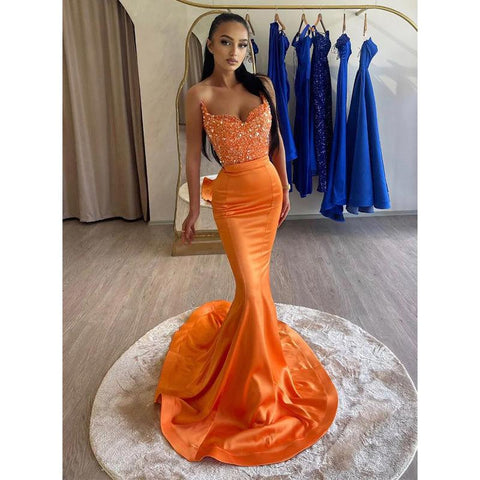 Robe de soirée longue sirène orange sexy à col en V 
