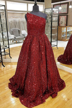 Sparkly One Shoulder A Line Sequins Prom Dress