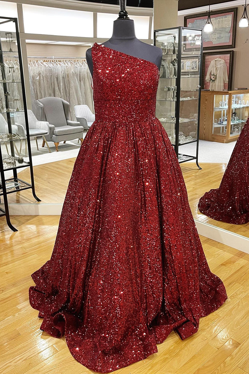 Sparkly One Shoulder A Line Sequins Prom Dress