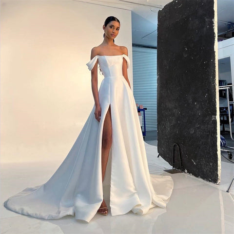 Simple A Line Satin Bride Wedding Dresses Strapless High Split Bridal Dress Women Formal Special Party Bridal Gowns