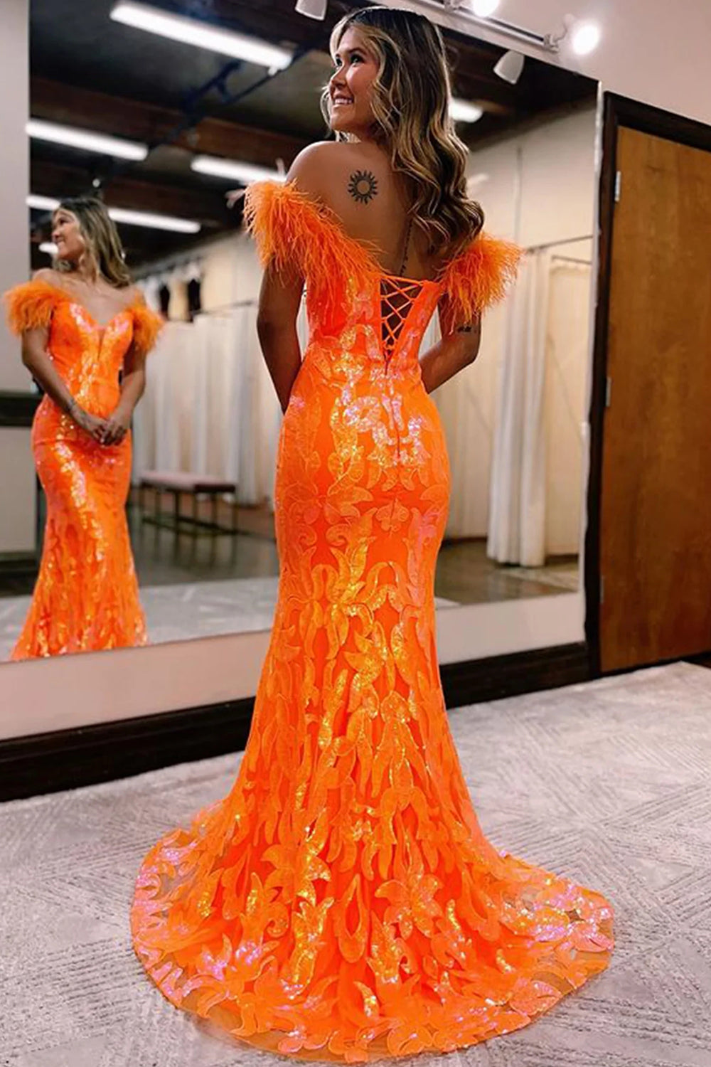 Mermaid Off the Shoulder Fuchsia Long Prom Dress with Feathers