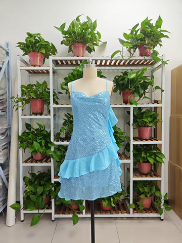 Robe de cocktail bleue à sequins et volants en mousseline, dos nu, style Y8251