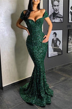 Robe de bal longue sirène à sequins et volants, décolleté en cœur
