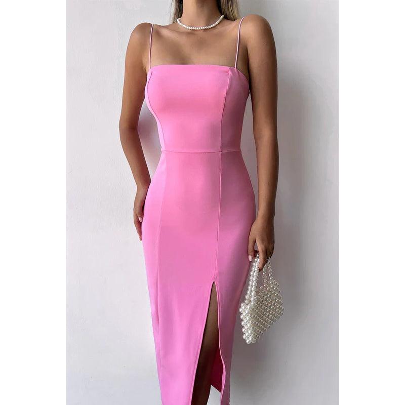 Vestido de noche de satén hasta la rodilla con tirantes finos y corte tubo/columna 