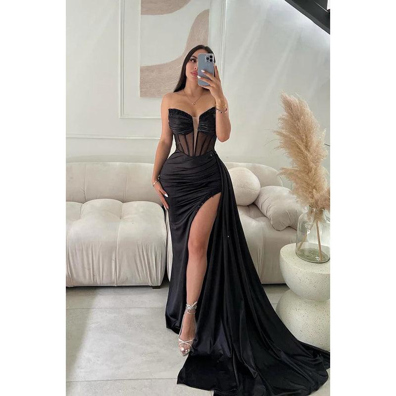 Vestido de fiesta de graduación con escote en V, sin mangas, fruncido y abertura lateral