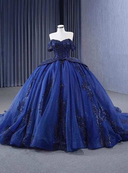 Robe de bal luxueuse en tulle bleu marine à sequins et perles, épaules dénudées, Y7681