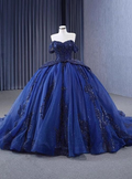 Robe de bal luxueuse en tulle bleu marine à sequins et perles, épaules dénudées, Y7681