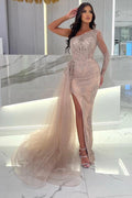 One Shoulder Mermaid Evening Dress Long Sleeve Lace With Slit