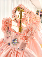 Floral Embroidery Sequins Tulle Knee-length Pink Baby Girl Dress