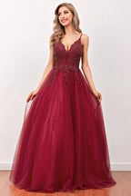 Robe de bal longue bordeaux à perles
