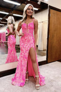 Vestidos de fiesta de sirena con encaje y lentejuelas, escote corazón y abertura