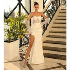 Vestido de noche largo formal con apliques de encaje y corte tubo/columna con abertura 