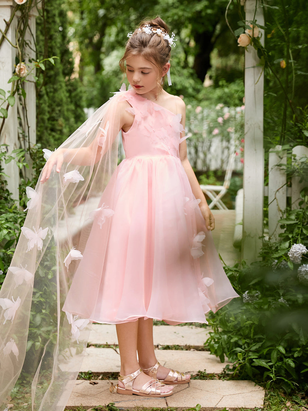 Vestido rosa de organza de corte A hasta la rodilla (010220821) 