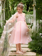 Vestido rosa de organza de corte A hasta la rodilla (010220821) 