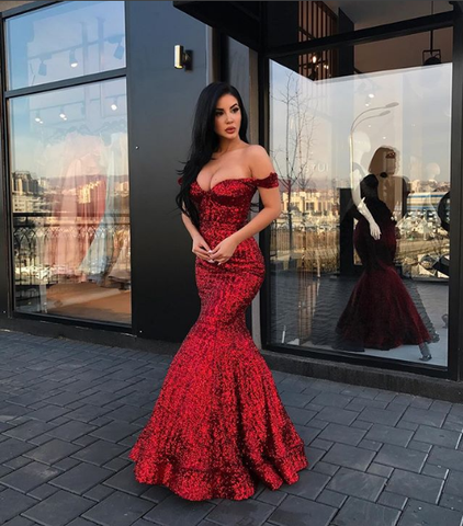 Burgundy Long Mermaid Off the Shoulder Sequins Formal Prom Dress