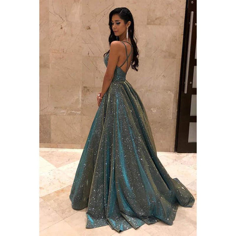 Robe de bal trapèze à bretelles spaghetti et col en V, robe scintillante