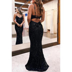 Robe de soirée à paillettes scintillantes, col en V, bretelles spaghetti, sans manches 