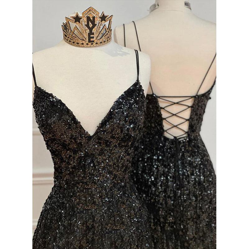 Vestido de fiesta sexy con escote en V y lentejuelas negras brillantes 