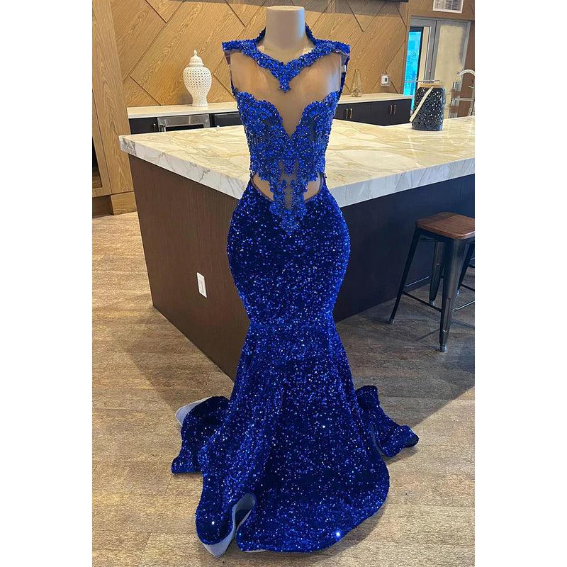 Robe de soirée sirène bleu roi à paillettes, col en V, glamour et spectaculaire