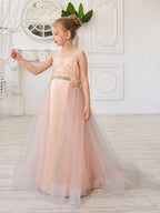 Vestido color champán de corte A con cola de tul satinado (010226776) 