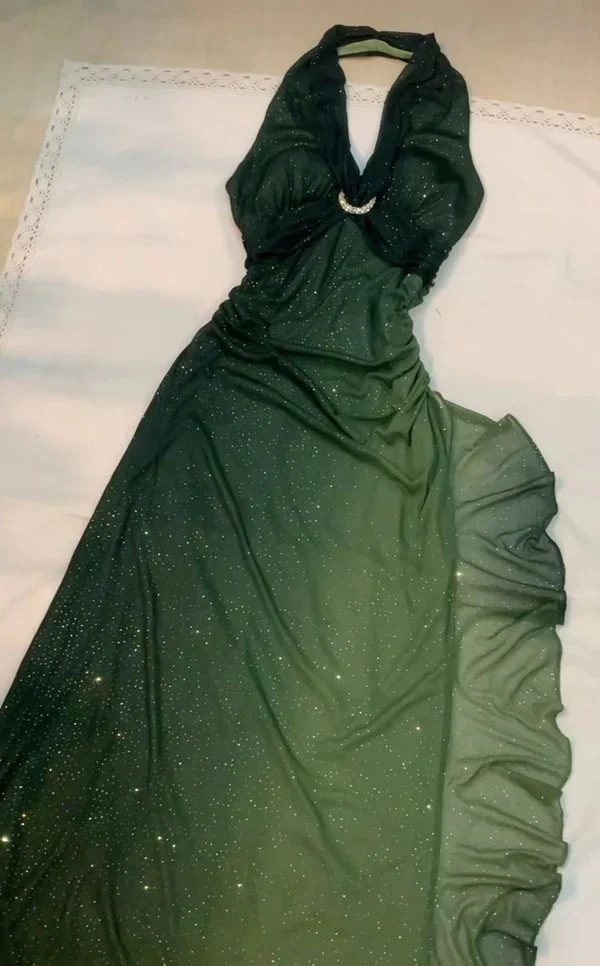 Robe de bal longue dos nu en mousseline vert ombré, robe de soirée à paillettes Y7481