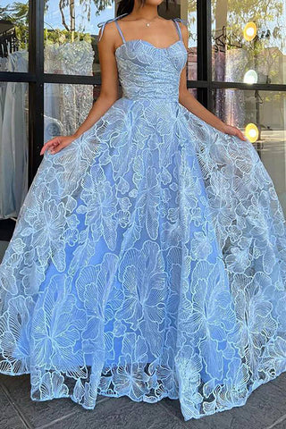 Beautiful A Line Spaghetti Straps Blue Long Prom Dress with Lace