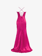 Aaliyah | Vestido de fiesta de sirena de satén rosa fucsia con tirantes finos y abertura