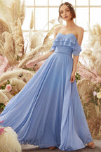 Robe de demoiselle d'honneur en mousseline bleue à épaules dénudées