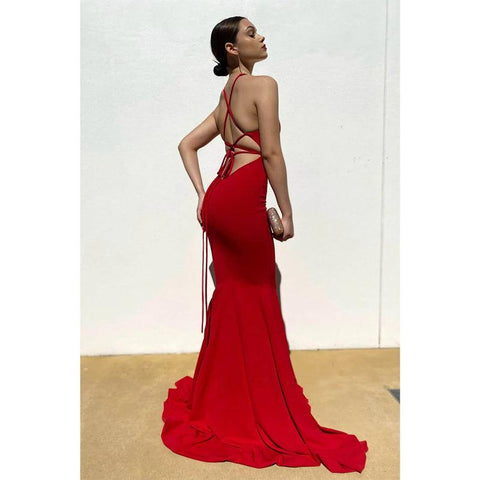 Robe de bal sirène sexy à décolleté en V profond et plis 