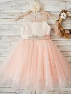 Vestido rosa de tul y encaje hasta la rodilla (2003227698) 