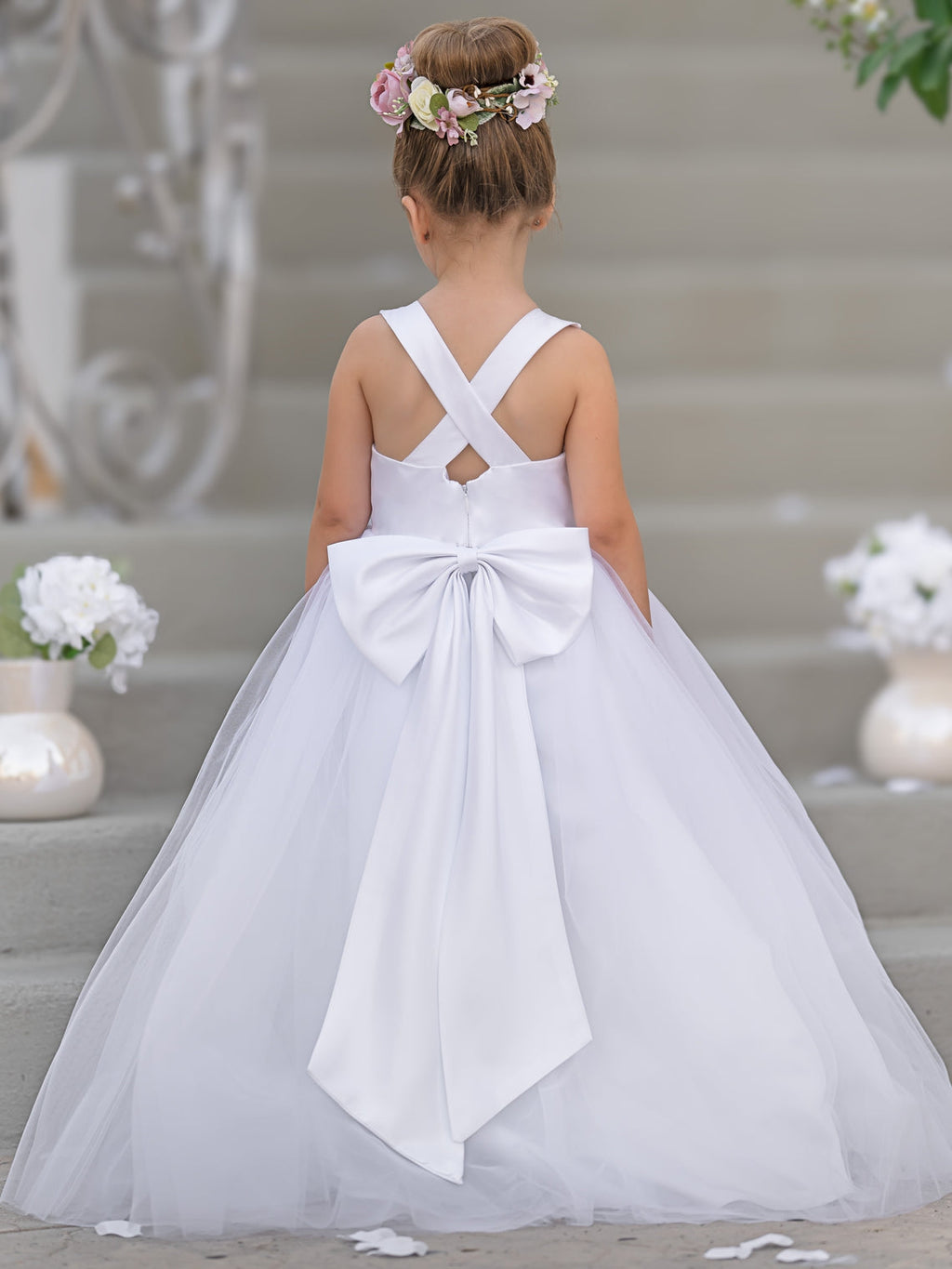 Vestido de niña de las flores clásico de corte en A sin mangas en satén y tul 
