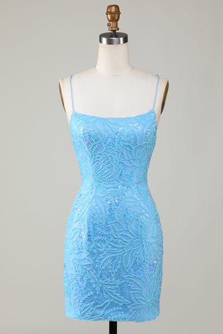 Sparkly Blue Bodycon Spaghetti Straps Short Homecoming Dress with Beading