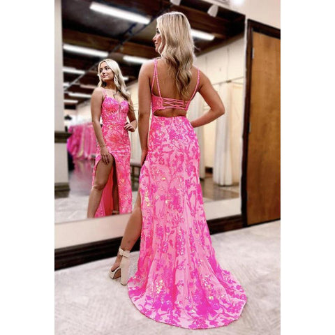 Trumpet/Mermaid Couture & Ornate Spaghetti Straps Square Slit Sequins Evening Party Prom Dre