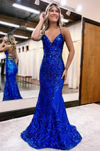 Sparkly Mermaid Backless Hot Pink Sequins Long Prom Dress