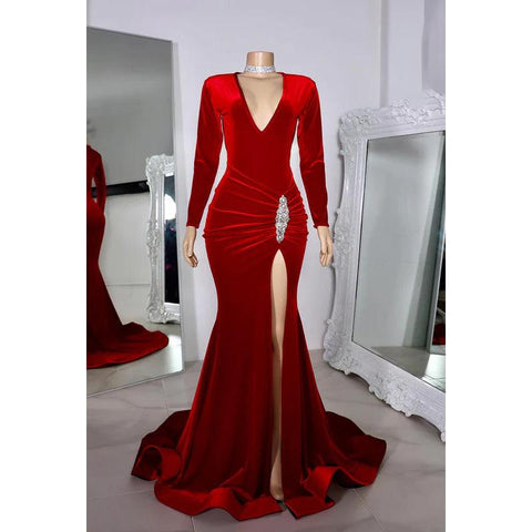 Trumpet/Mermaid V-neck Long Sleeves Side Slit Evening Prom Dress With Rhinestones