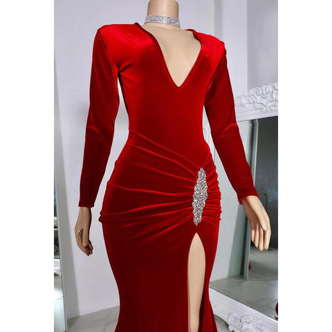 Trumpet/Mermaid V-neck Long Sleeves Side Slit Evening Prom Dress With Rhinestones