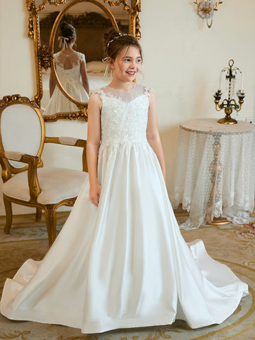 Robe de bal/robe de princesse en satin avec traîne pour la première communion, robe de demoiselle d'honneur 