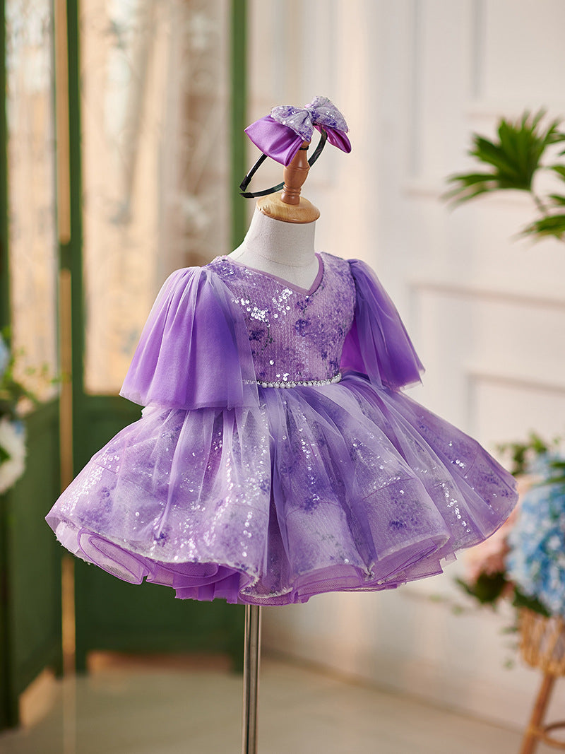 Vestido de tul con lentejuelas moradas hasta la rodilla para bebé niña 