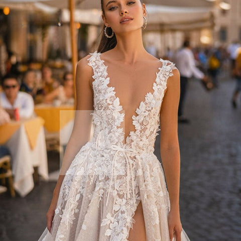 Boho Wedding Dresses For Dress Elegant A-Line Sleeveless 3D Appliqued Bride Gown Side Split Sexy Backless Dress