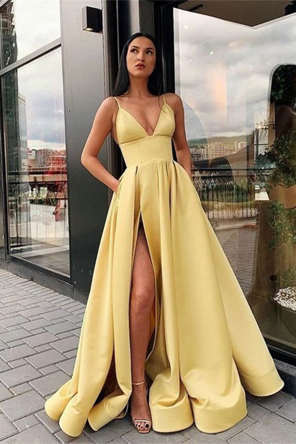 Elegant Long A-line V-Neck Front Slit Satin Prom Dress with Pockets