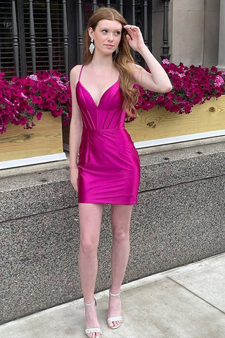 Bodycon Spaghetti Straps Fuchsia Corset Homecoming Dress