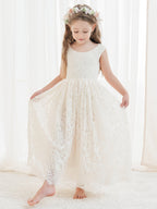 Vestido boho de niña de las flores color marfil, corte en A, de encaje y largo hasta el tobillo 