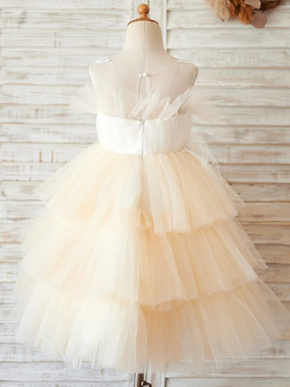 Vestido de niña de las flores color champán hasta la rodilla de tul satinado 