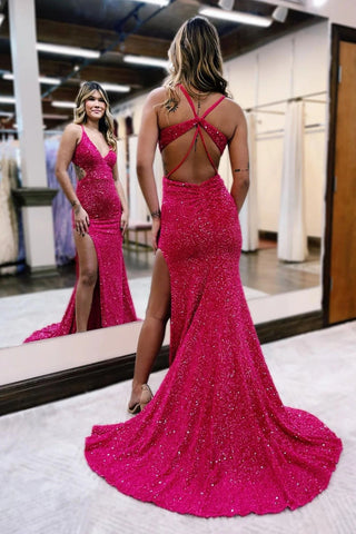 Vestido largo de fiesta estilo sirena con escote en V, lentejuelas fucsia y espalda descubierta