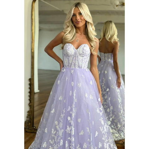 Sweetheart Strapless Sleeveless Lace Tulle A-Line Long Prom Evening Dress