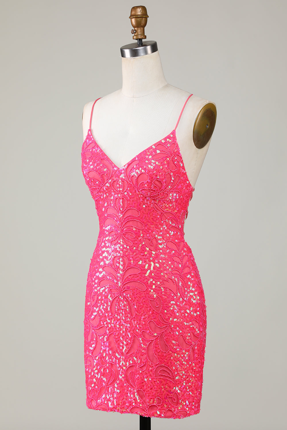 Bodycon Spaghetti Straps Pink Sequins Short Homecoming Dress with Criss Cross Back