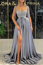 Sexy Formal Patchwork Frenulum Backless Slit Spaghetti Strap Evening Dress (Without Belt)